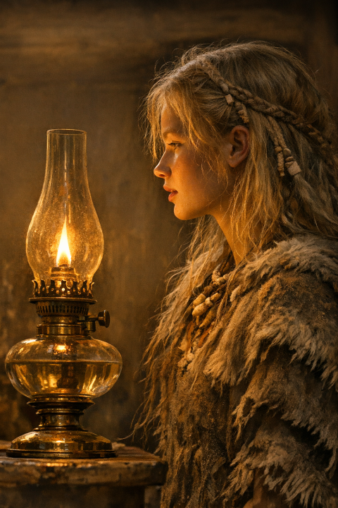 Nordic Mesolithic woman examining a Victorian oil lamp.