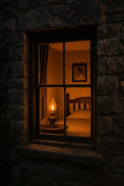 Old house with lamp in the window.